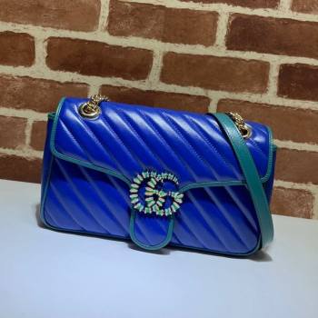 Gucci GG Marmont Small Shoulder Bag 443497 Navy Blue/Turquoise 2021 (DLH-21072626)