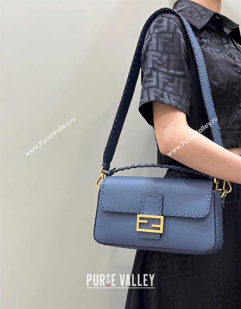 Fendi Regular Selleria Baguette bag with topstitches in Grained Calfskin Morocco Blue 2024 8610M (CL-241213019)