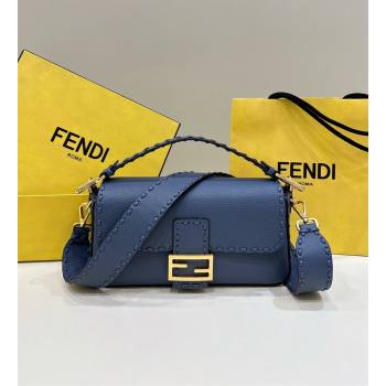 Fendi Regular Selleria Baguette bag with topstitches in Grained Calfskin Morocco Blue 2024 8610M (CL-241213019)