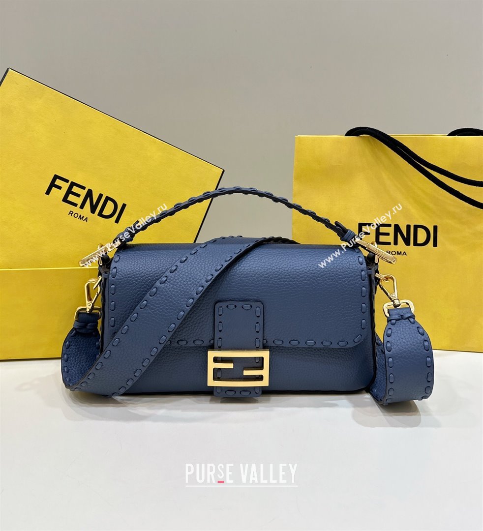 Fendi Regular Selleria Baguette bag with topstitches in Grained Calfskin Morocco Blue 2024 8610M (CL-241213019)