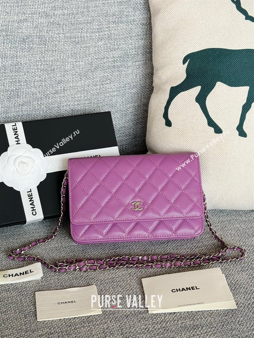 Chanel Grained Calfskin Classic Wallet on Chain WOC Silver/Purple 2024 (MHUI-241521)