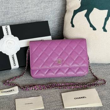 Chanel Grained Calfskin Classic Wallet on Chain WOC Silver/Purple 2024 (MHUI-241521)