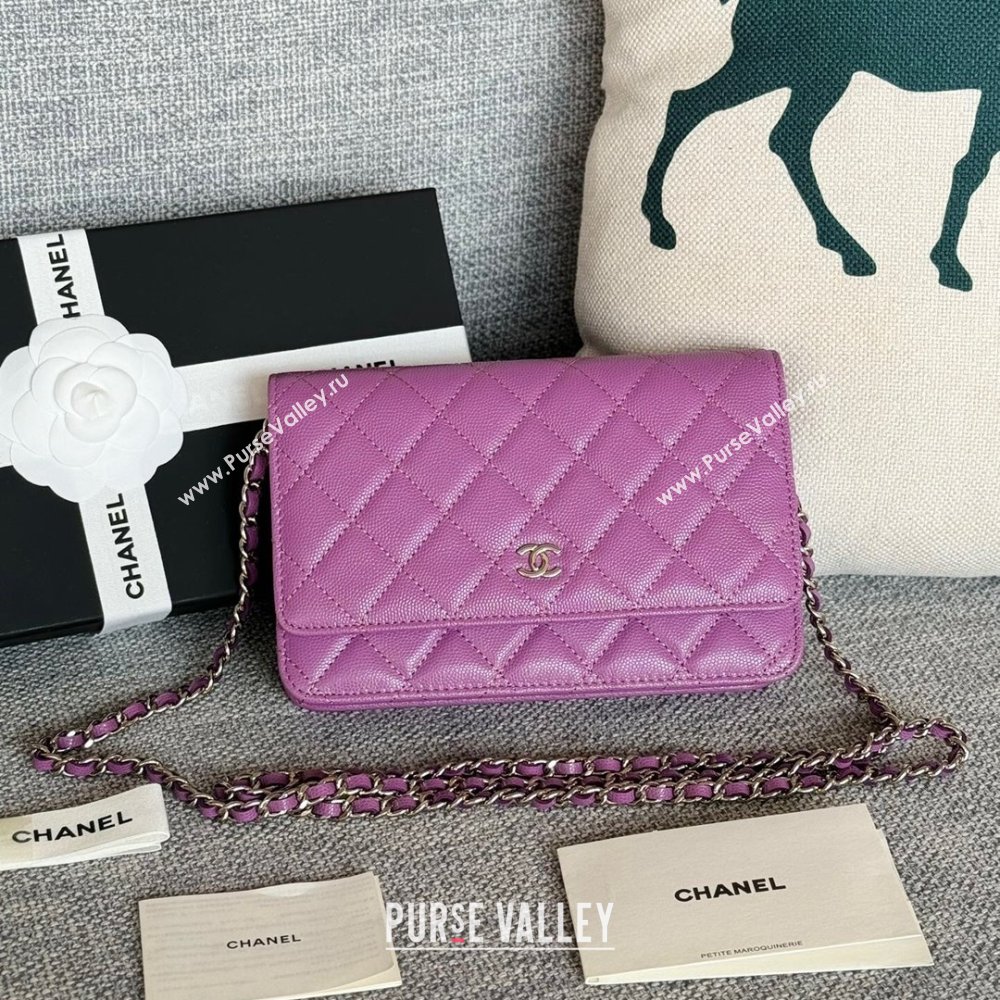 Chanel Grained Calfskin Classic Wallet on Chain WOC Silver/Purple 2024 (MHUI-241521)