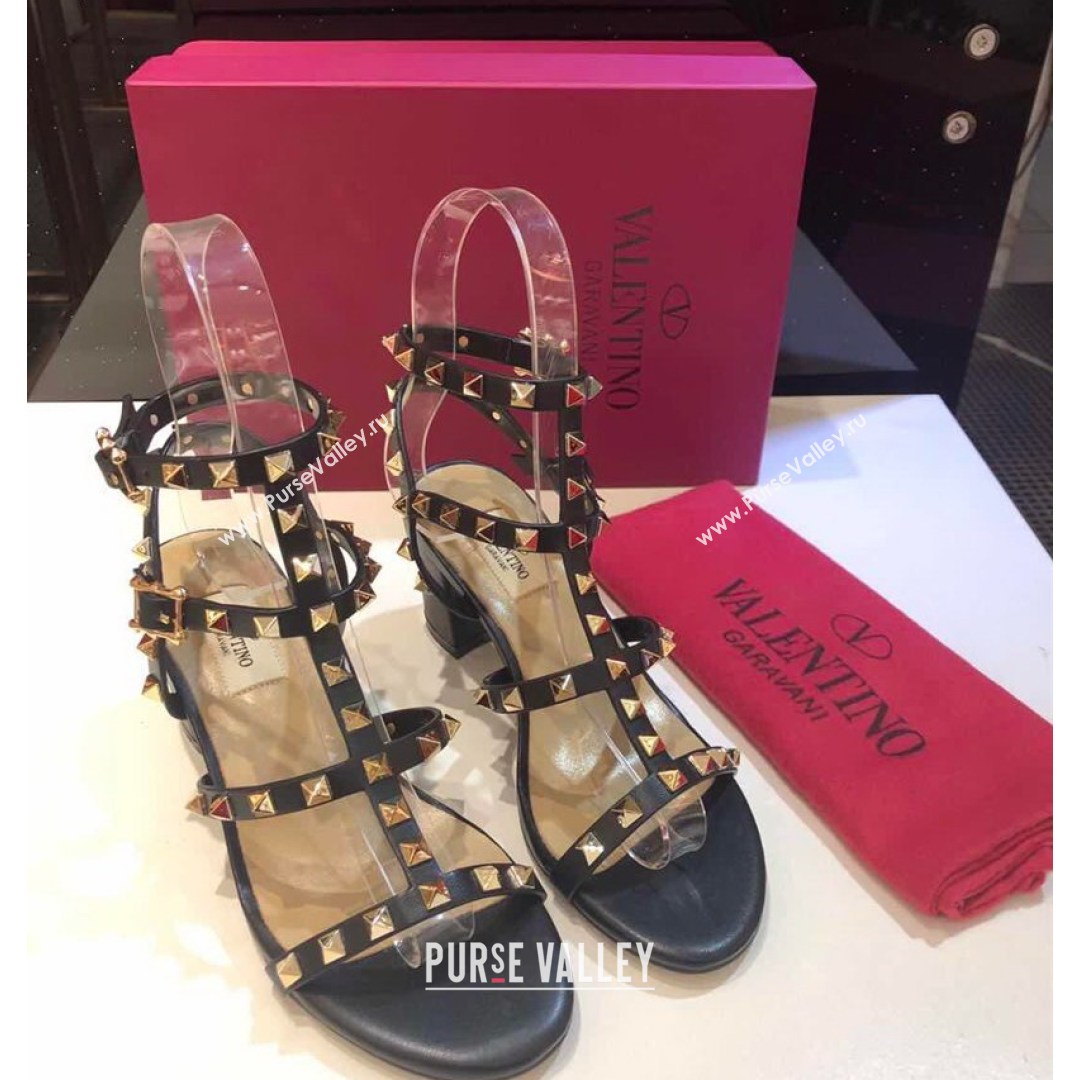 Valentino Rockstud Calfskin Ankle Strap Sandals 6.5cm Black/Gold 2021 01 (XL-21082050)