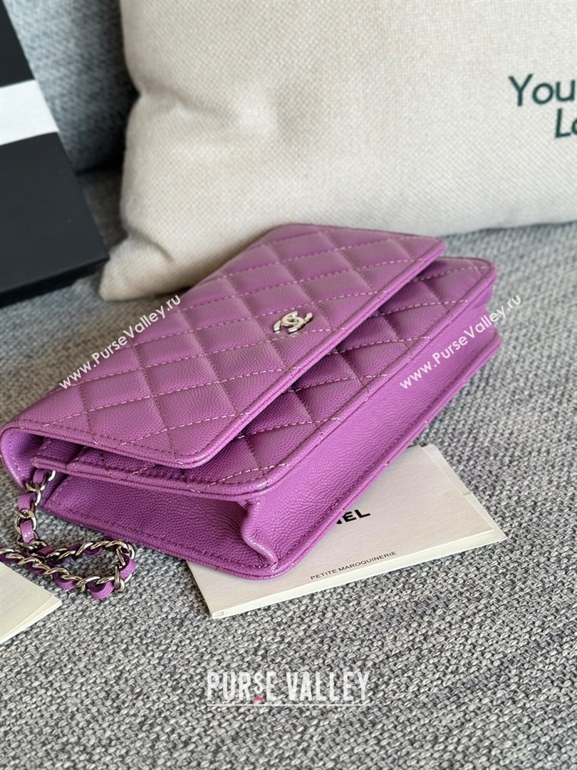 Chanel Grained Calfskin Classic Wallet on Chain WOC Silver/Purple 2024 (MHUI-241521)