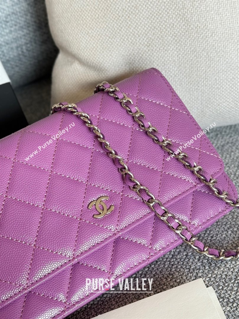 Chanel Grained Calfskin Classic Wallet on Chain WOC Silver/Purple 2024 (MHUI-241521)