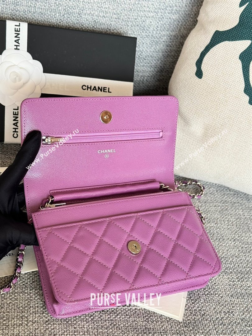 Chanel Grained Calfskin Classic Wallet on Chain WOC Silver/Purple 2024 (MHUI-241521)