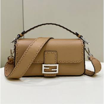 Fendi Regular Selleria Baguette bag with topstitches in Grained Calfskin Dark Beige 2024 8610M (CL-241213020)