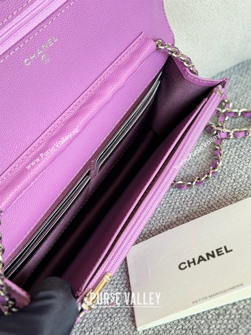 Chanel Grained Calfskin Classic Wallet on Chain WOC Silver/Purple 2024 (MHUI-241521)