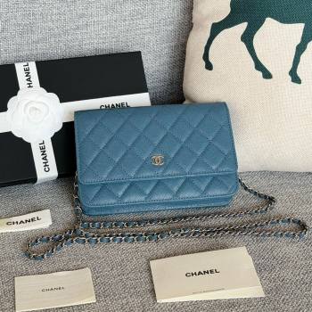 Chanel Grained Calfskin Classic Wallet on Chain WOC Silver/Deep Blue 2024 (MHUI-241522)