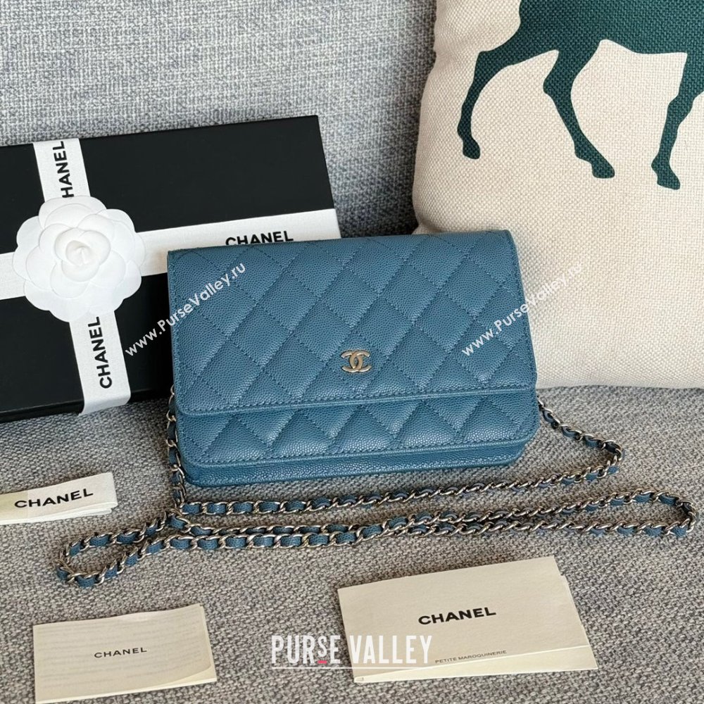 Chanel Grained Calfskin Classic Wallet on Chain WOC Silver/Deep Blue 2024 (MHUI-241522)