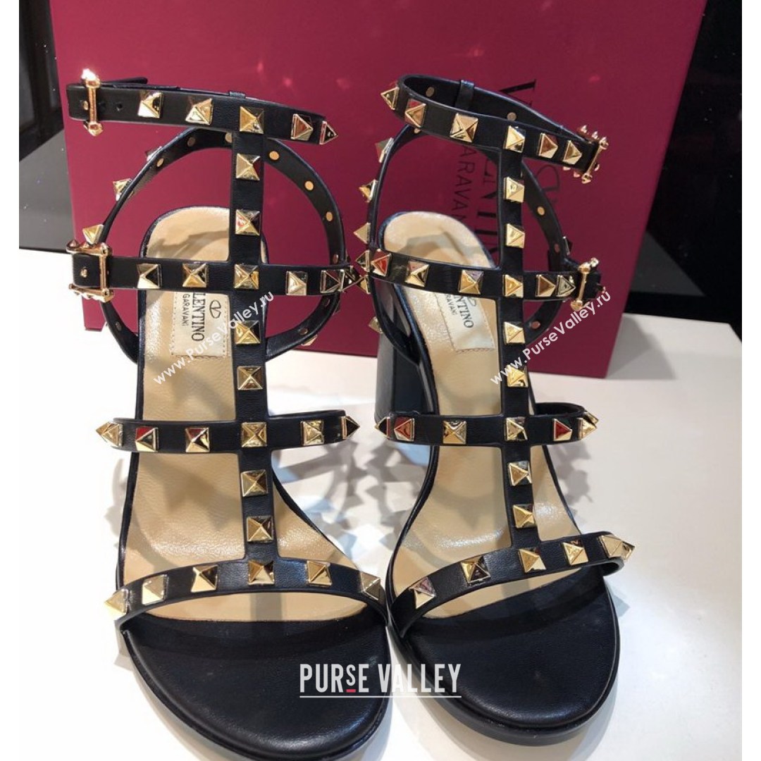 Valentino Rockstud Calfskin Ankle Strap Sandals 9.5cm Black/Gold 2021 07 (XL-21082056)