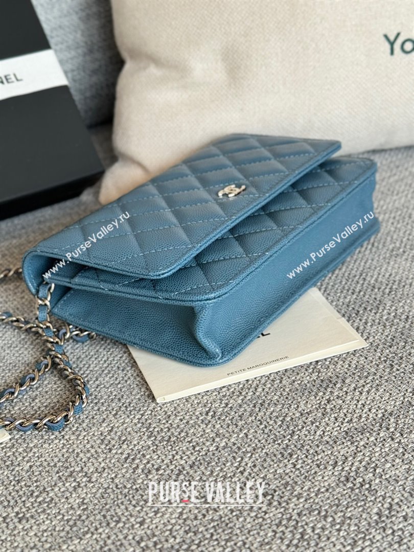 Chanel Grained Calfskin Classic Wallet on Chain WOC Silver/Deep Blue 2024 (MHUI-241522)