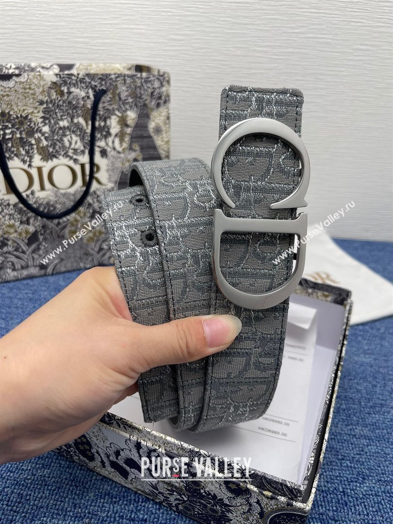 Dior CD Belt in Dior Oblique Jacquard and Grained Calfskin Grey/Silver 2024 (YANG-24070422)