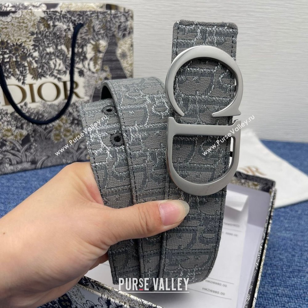 Dior CD Belt in Dior Oblique Jacquard and Grained Calfskin Grey/Silver 2024 (YANG-24070422)