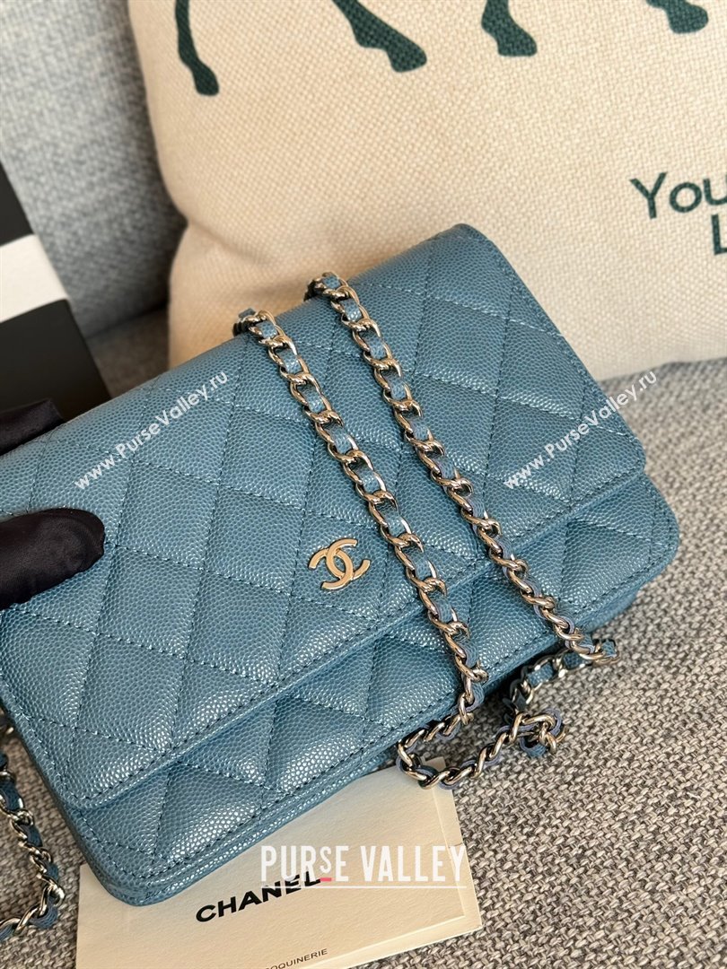 Chanel Grained Calfskin Classic Wallet on Chain WOC Silver/Deep Blue 2024 (MHUI-241522)