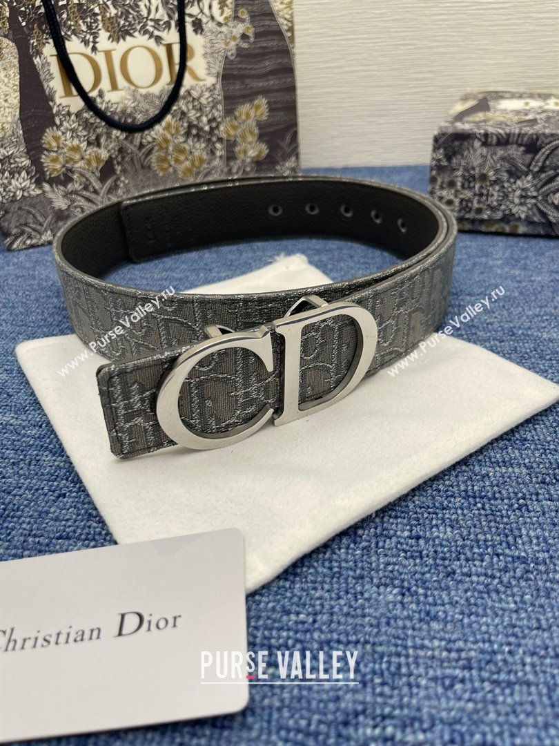 Dior CD Belt in Dior Oblique Jacquard and Grained Calfskin Grey/Silver 2024 (YANG-24070422)