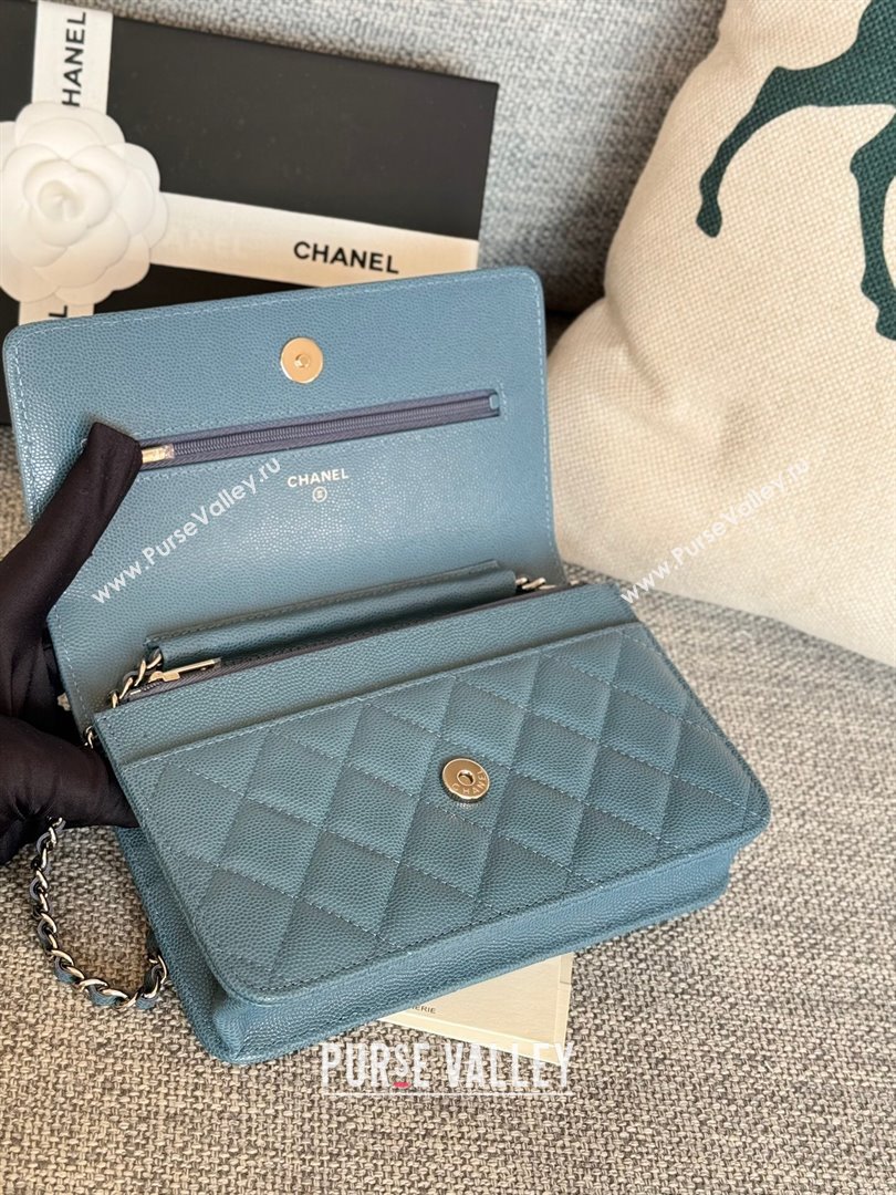 Chanel Grained Calfskin Classic Wallet on Chain WOC Silver/Deep Blue 2024 (MHUI-241522)