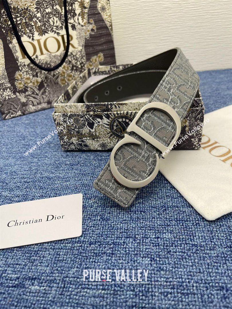 Dior CD Belt in Dior Oblique Jacquard and Grained Calfskin Grey/Silver 2024 (YANG-24070422)