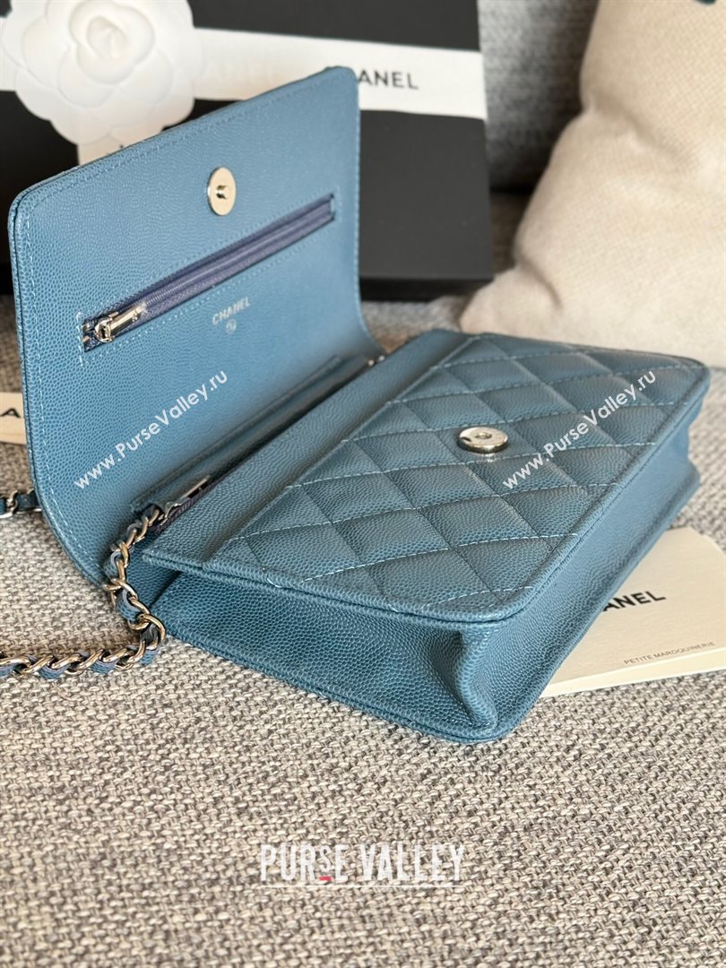 Chanel Grained Calfskin Classic Wallet on Chain WOC Silver/Deep Blue 2024 (MHUI-241522)