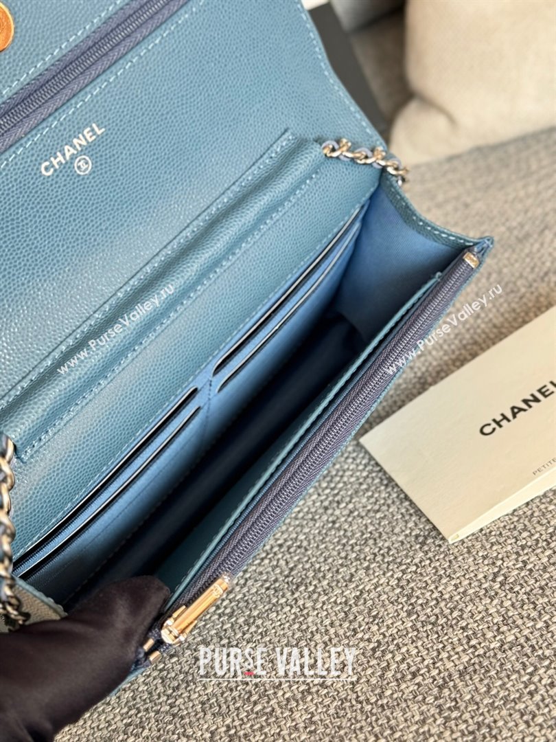 Chanel Grained Calfskin Classic Wallet on Chain WOC Silver/Deep Blue 2024 (MHUI-241522)