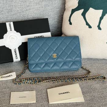 Chanel Grained Calfskin Classic Wallet on Chain WOC Gold/Deep Blue 2024 (MHUI-241523)