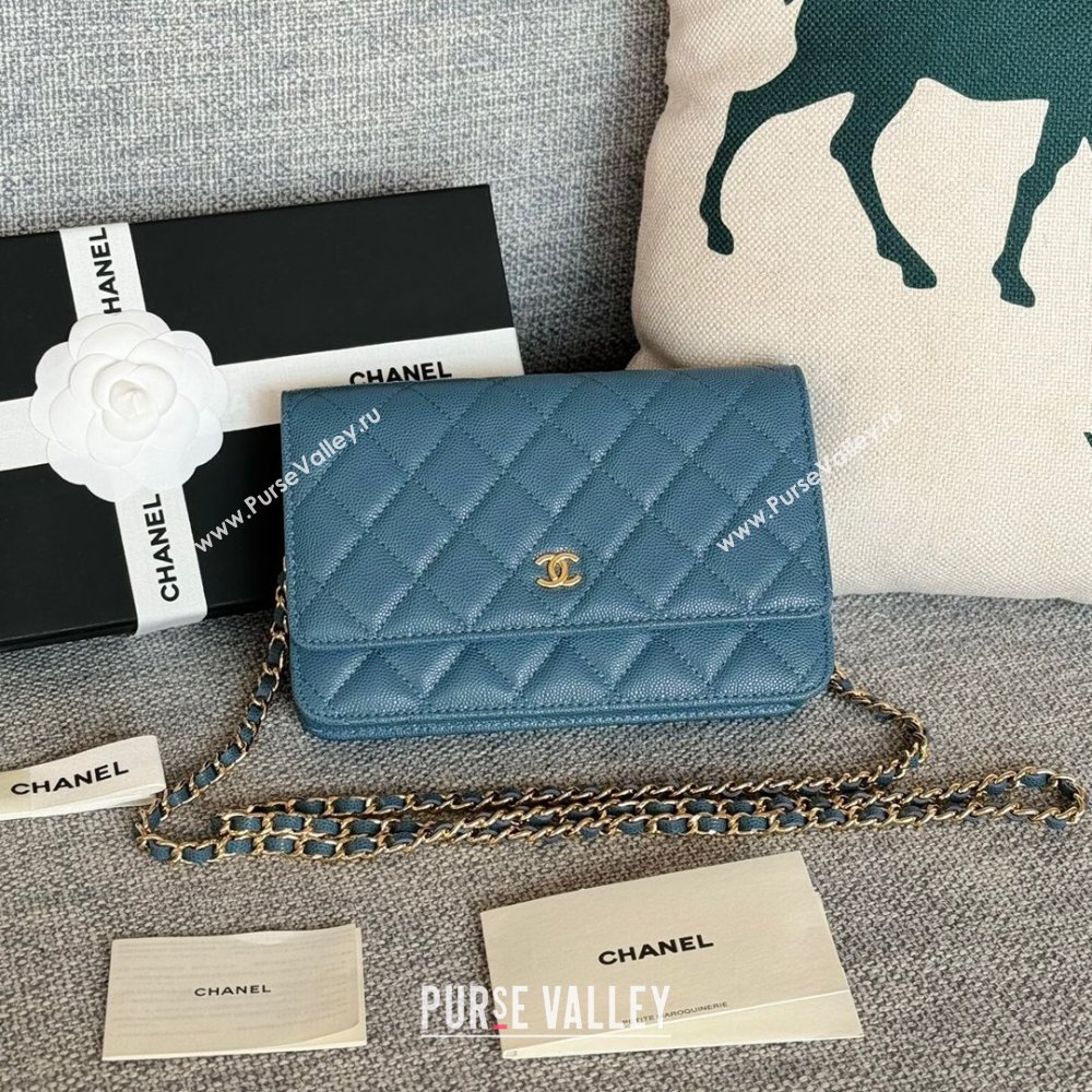 Chanel Grained Calfskin Classic Wallet on Chain WOC Gold/Deep Blue 2024 (MHUI-241523)