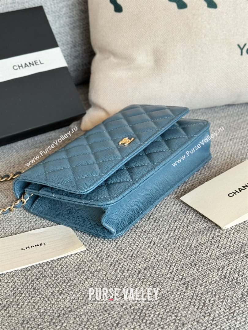 Chanel Grained Calfskin Classic Wallet on Chain WOC Gold/Deep Blue 2024 (MHUI-241523)