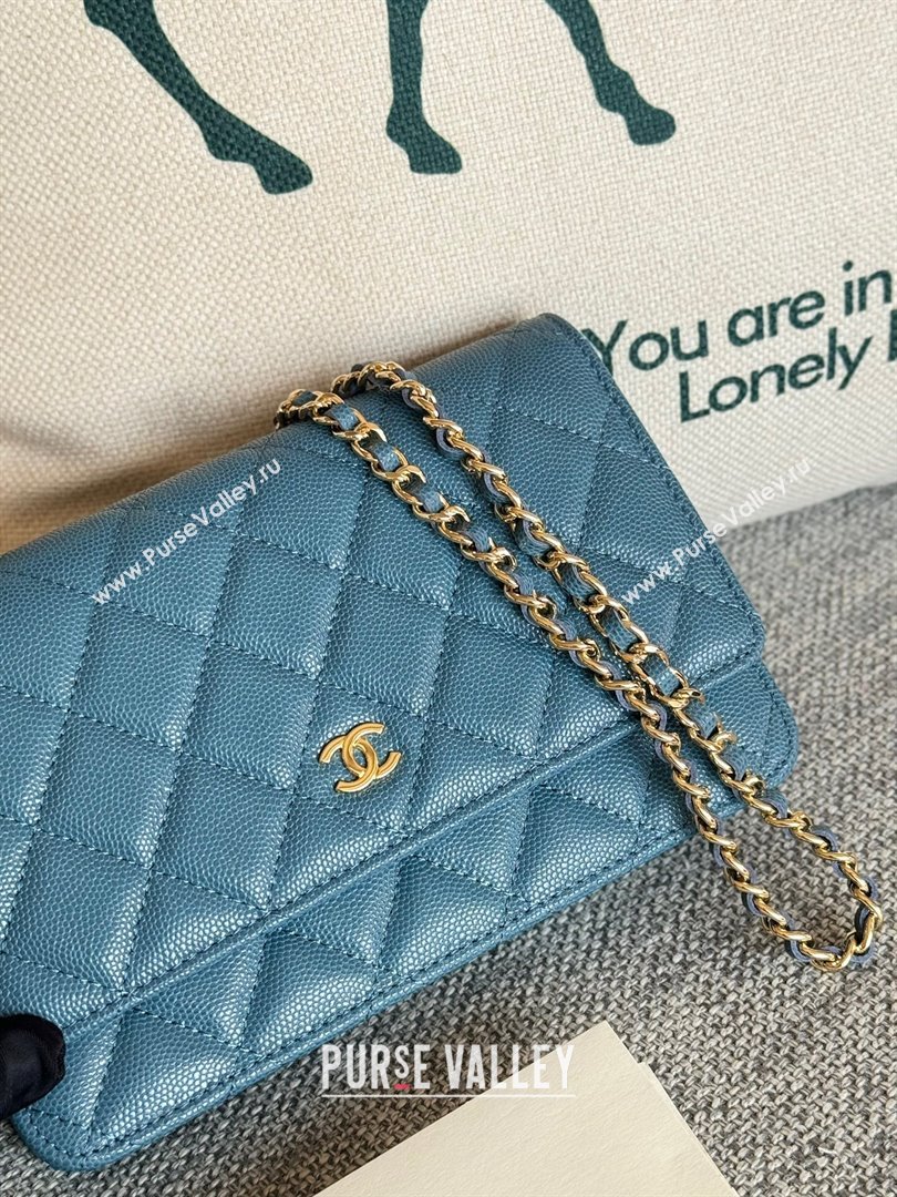 Chanel Grained Calfskin Classic Wallet on Chain WOC Gold/Deep Blue 2024 (MHUI-241523)