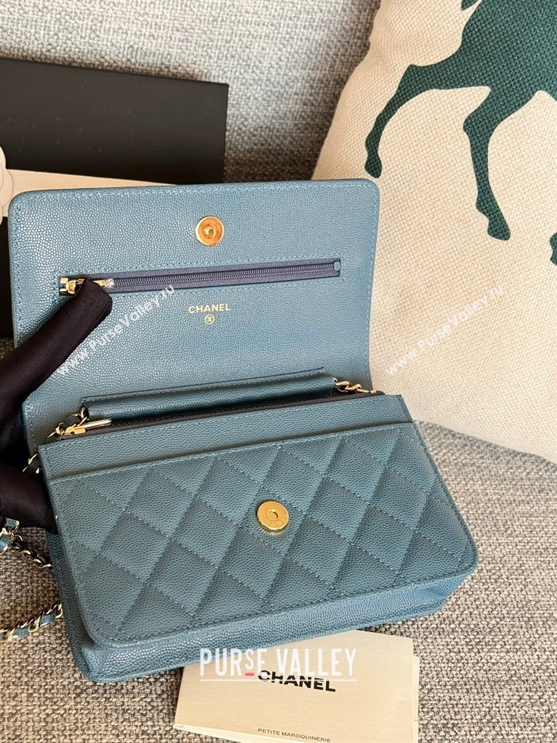 Chanel Grained Calfskin Classic Wallet on Chain WOC Gold/Deep Blue 2024 (MHUI-241523)