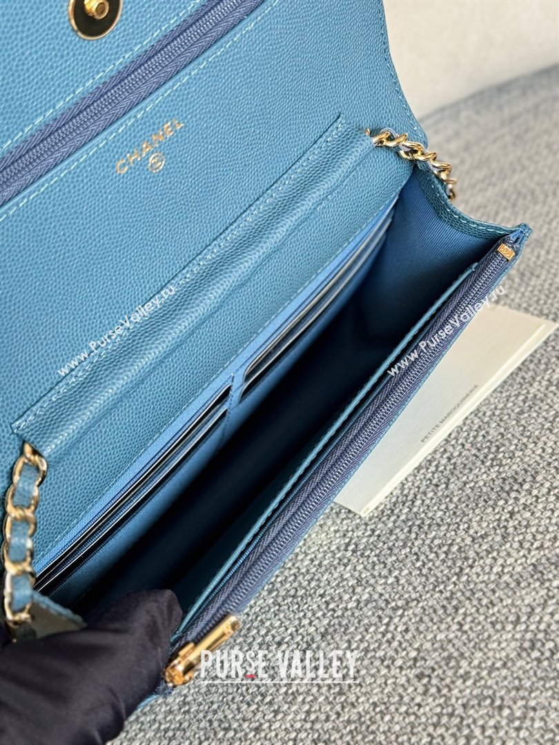 Chanel Grained Calfskin Classic Wallet on Chain WOC Gold/Deep Blue 2024 (MHUI-241523)