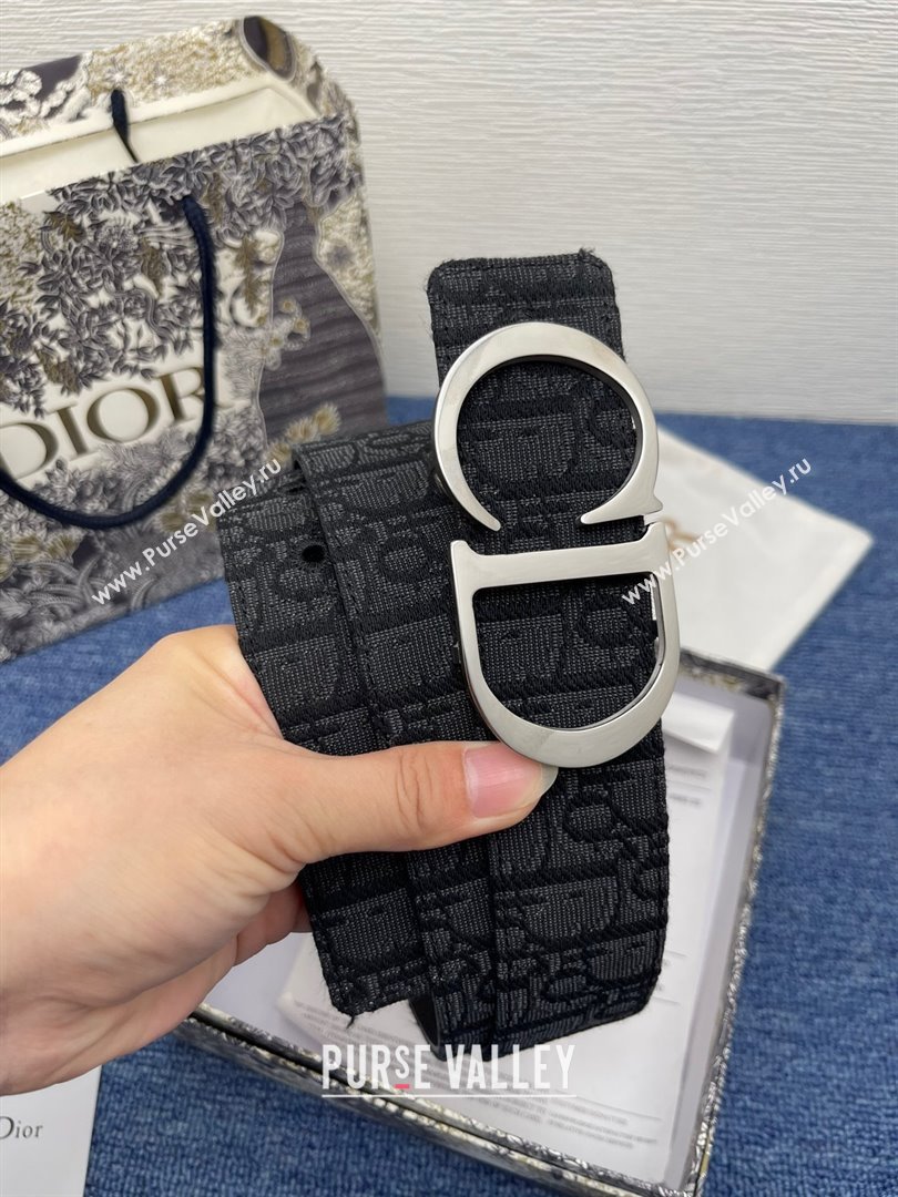 Dior CD Belt in Dior Oblique Jacquard and Grained Calfskin Black/Silver 2024 (YANG-24070425)