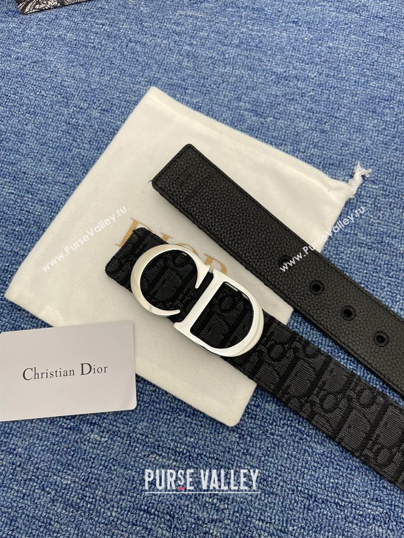 Dior CD Belt in Dior Oblique Jacquard and Grained Calfskin Black/Silver 2024 (YANG-24070425)