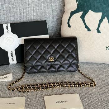 Chanel Grained Calfskin Classic Wallet on Chain WOC Gold/Black 2024 (MHUI-241526)