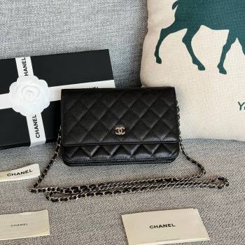 Chanel Grained Calfskin Classic Wallet on Chain WOC Silver/Black 2024 (MHUI-241527)