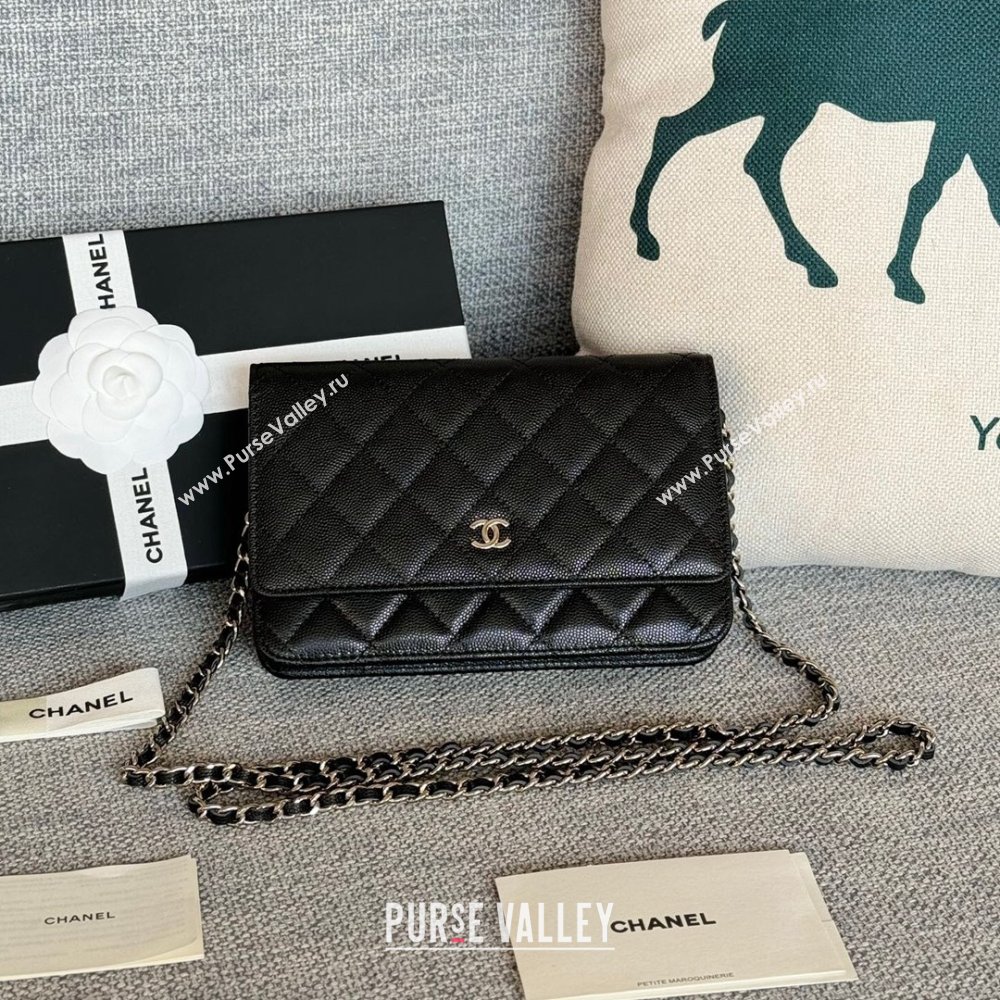 Chanel Grained Calfskin Classic Wallet on Chain WOC Silver/Black 2024 (MHUI-241527)