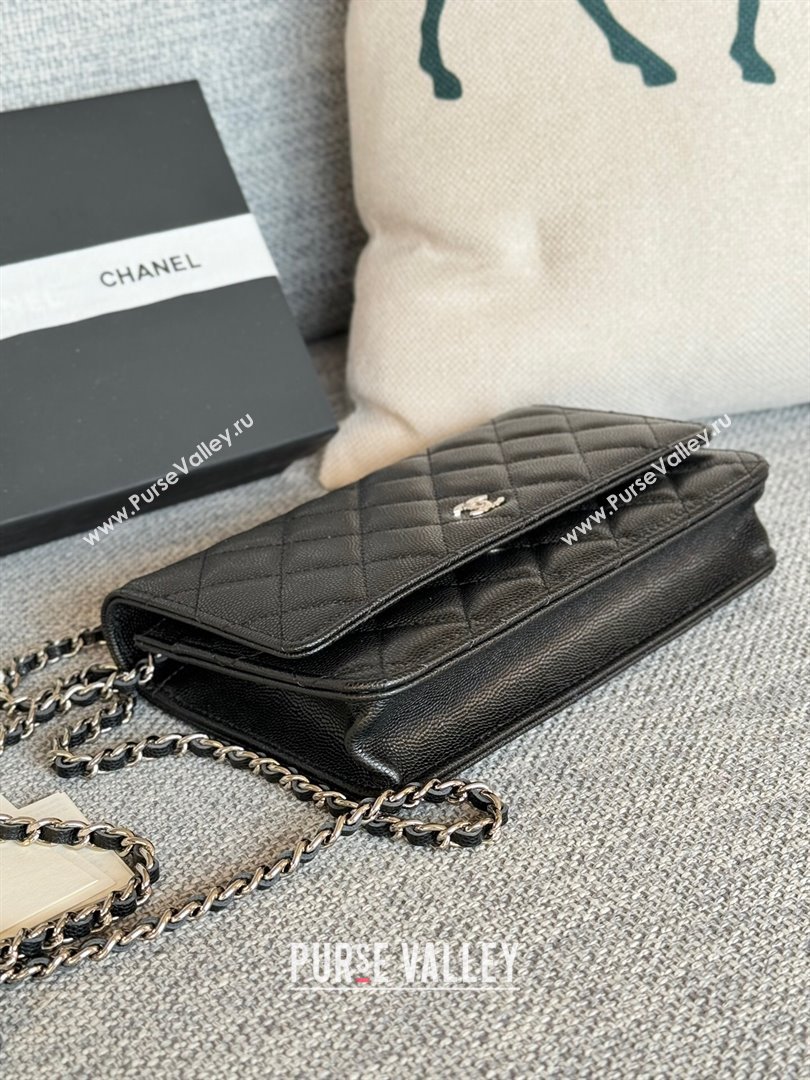 Chanel Grained Calfskin Classic Wallet on Chain WOC Silver/Black 2024 (MHUI-241527)