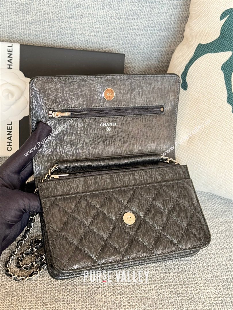 Chanel Grained Calfskin Classic Wallet on Chain WOC Silver/Black 2024 (MHUI-241527)