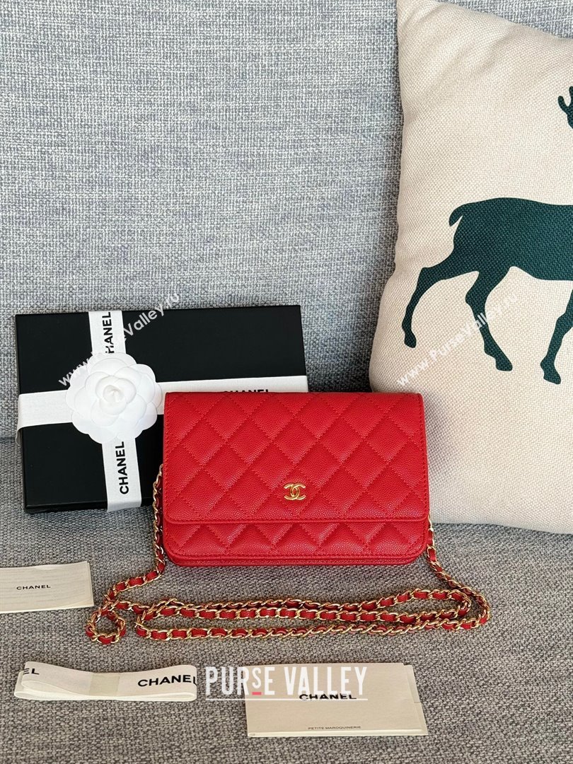 Chanel Grained Calfskin Classic Wallet on Chain WOC Gold/Red 2024 (MHUI-241529)