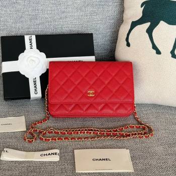 Chanel Grained Calfskin Classic Wallet on Chain WOC Gold/Red 2024 (MHUI-241529)