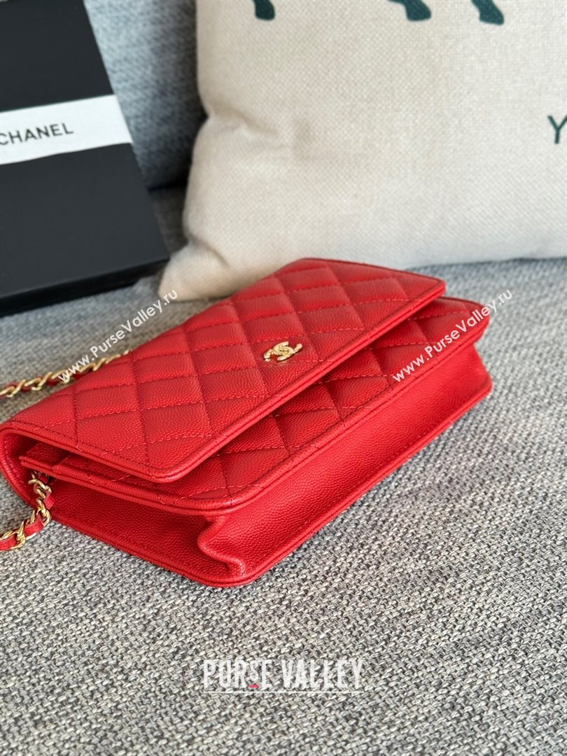 Chanel Grained Calfskin Classic Wallet on Chain WOC Gold/Red 2024 (MHUI-241529)