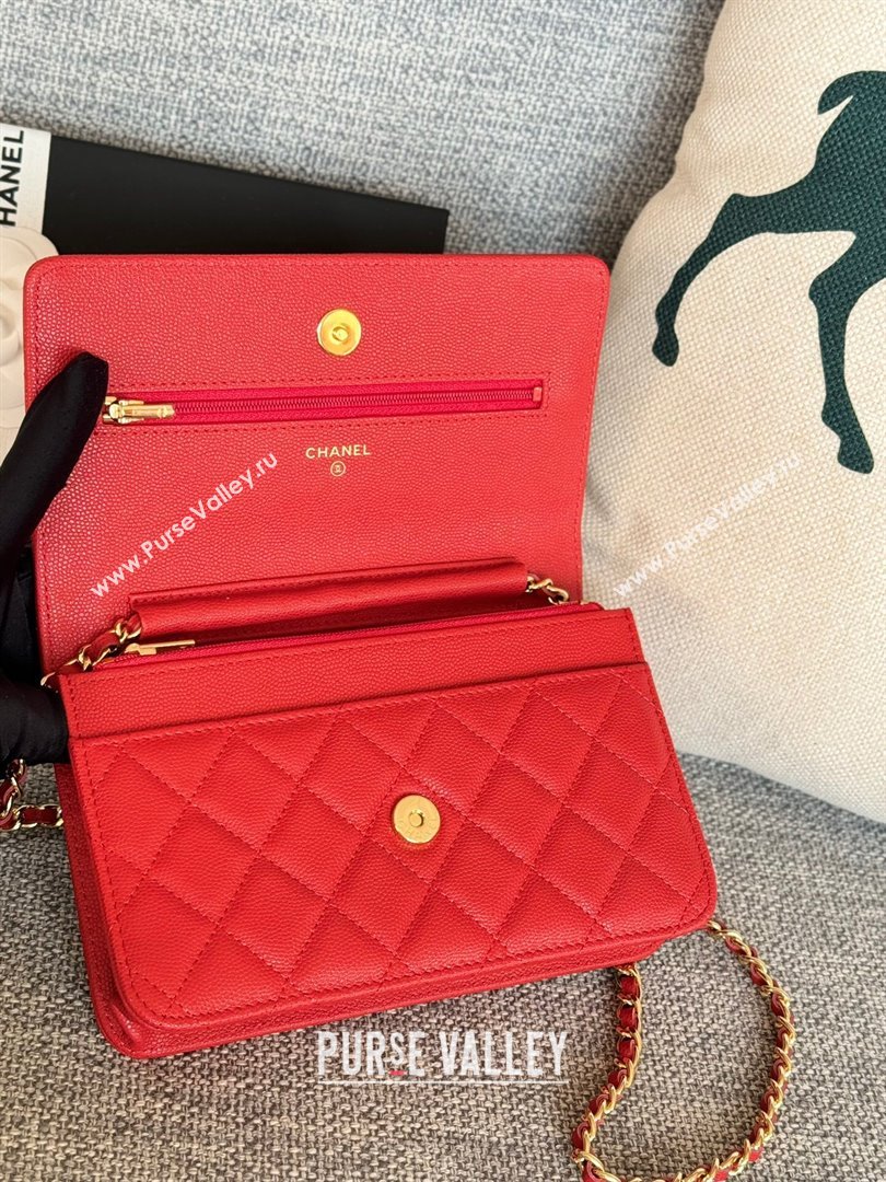 Chanel Grained Calfskin Classic Wallet on Chain WOC Gold/Red 2024 (MHUI-241529)