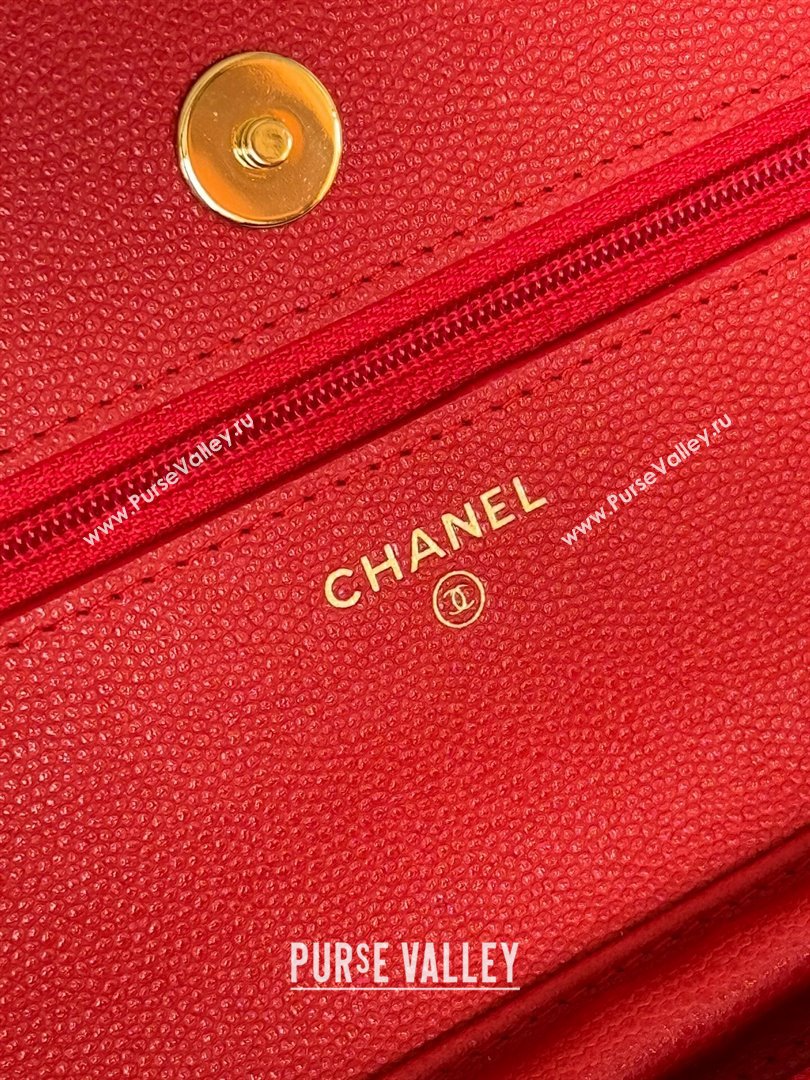 Chanel Grained Calfskin Classic Wallet on Chain WOC Gold/Red 2024 (MHUI-241529)