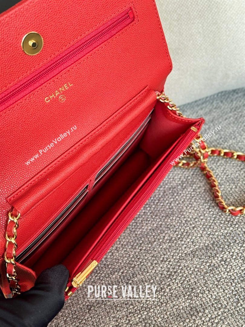 Chanel Grained Calfskin Classic Wallet on Chain WOC Gold/Red 2024 (MHUI-241529)