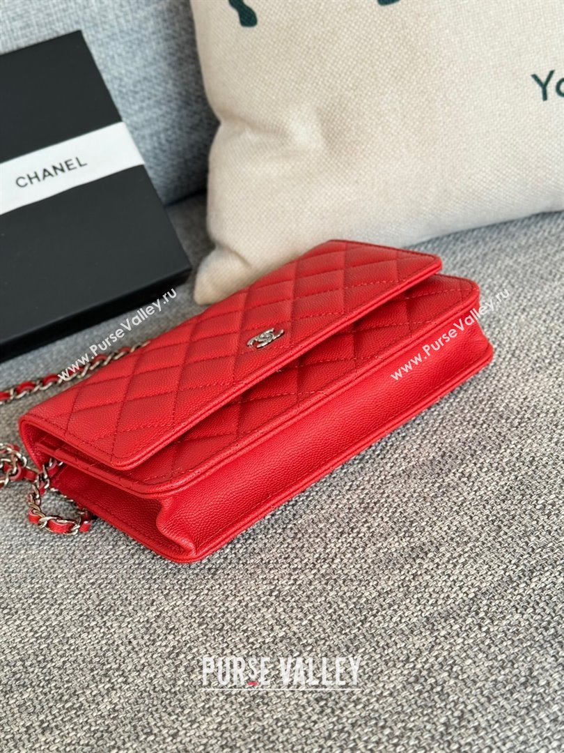 Chanel Grained Calfskin Classic Wallet on Chain WOC Silver/Red 2024 (MHUI-241528)