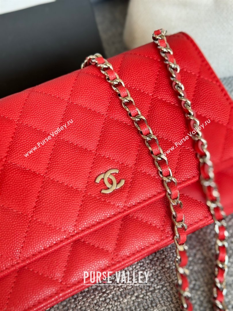 Chanel Grained Calfskin Classic Wallet on Chain WOC Silver/Red 2024 (MHUI-241528)