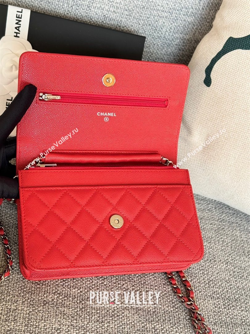 Chanel Grained Calfskin Classic Wallet on Chain WOC Silver/Red 2024 (MHUI-241528)