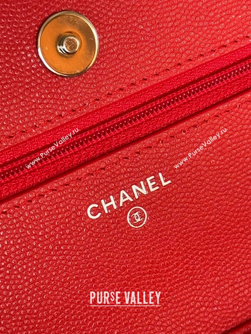 Chanel Grained Calfskin Classic Wallet on Chain WOC Silver/Red 2024 (MHUI-241528)