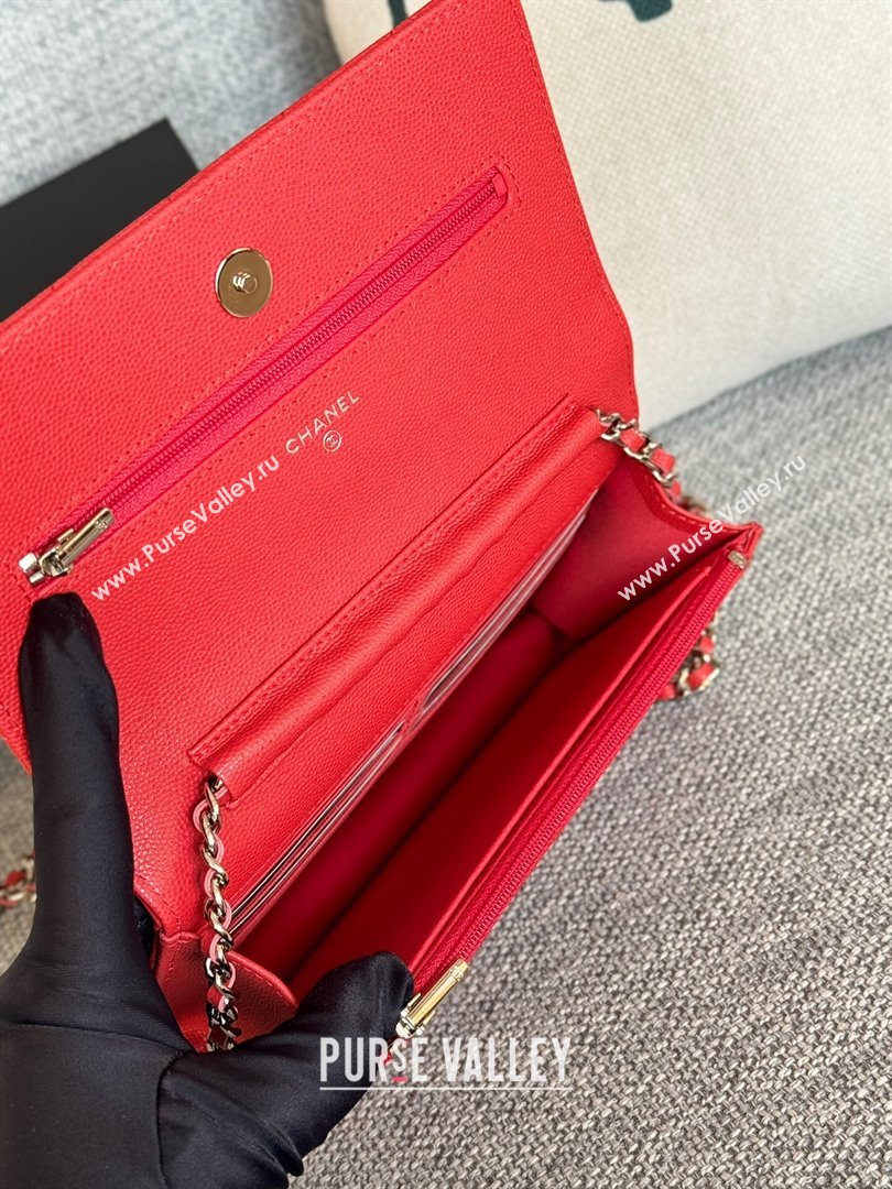 Chanel Grained Calfskin Classic Wallet on Chain WOC Silver/Red 2024 (MHUI-241528)