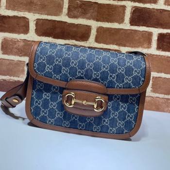 Gucci Horsebit 1955 GG Denim Shoulder Bag 602204 Dark Blue 2021 (DLH-21072607)